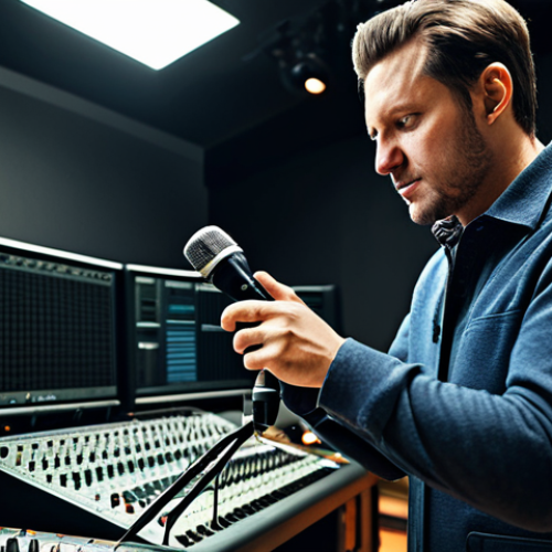 Microphone Mastery**

"A professional sound engineer meticulously adjusting a high-end condenser microphone in a recording studio. The subject is fully clothed in appropriate attire, focused on their work. The studio is modern and well-equipped. Perfect anatomy, correct proportions, well-formed hands, natural pose. Safe for work, appropriate content, professional, fully clothed, family-friendly."

**